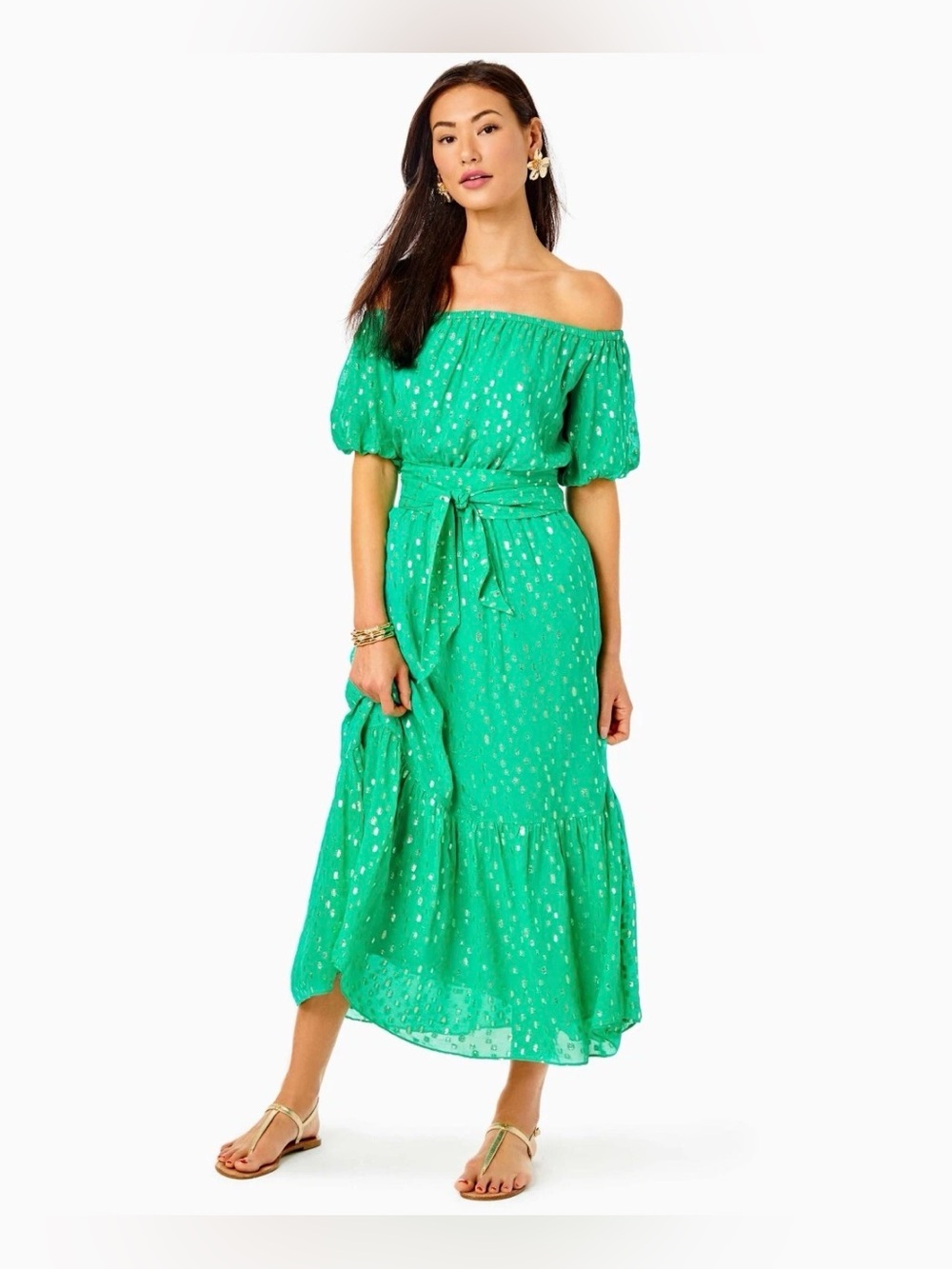 🆕 Lilly Pulitzer Tamie Off The Shoulder Midi Dress Botanical Green Metallic SZ L
